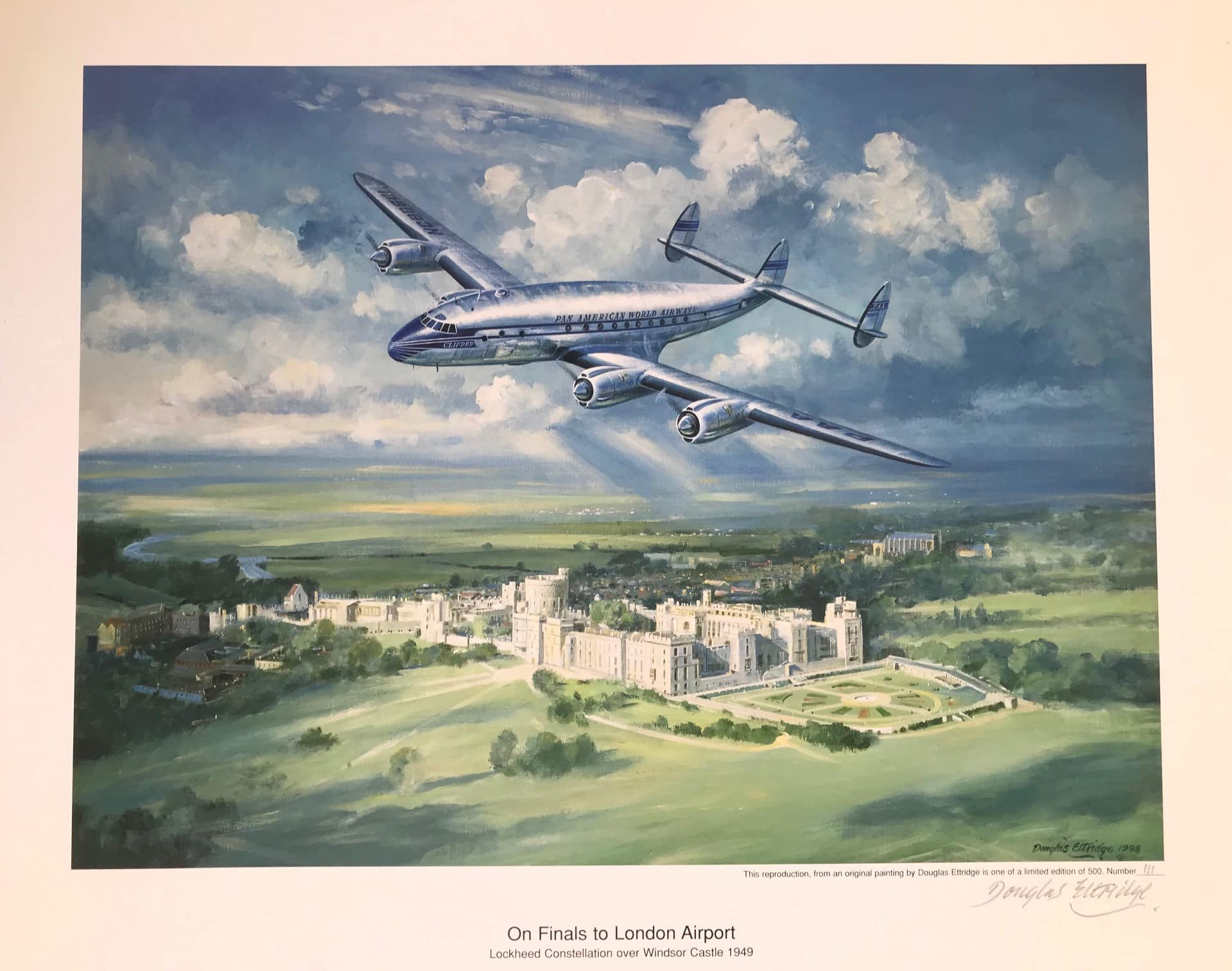 On finals to London Airport. Lockheed constellation over Windsor castle 1949. Art print by Douglas Ettridge 1927-2009. Signed and numbered 111 0f 500.